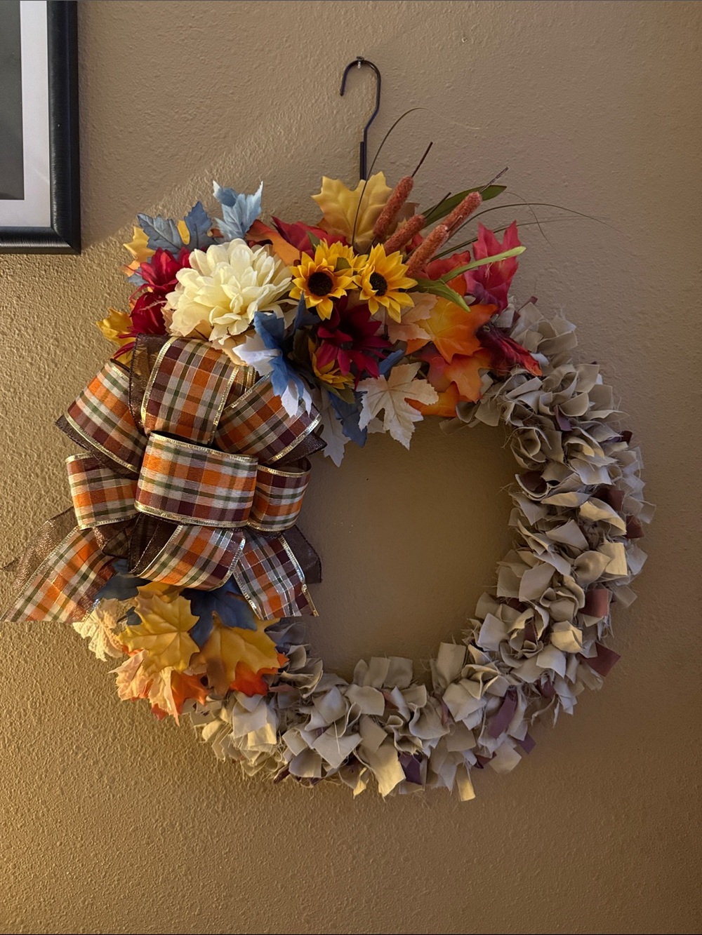 Linen loft Autumn Harvest Fabric Wreath with Plaid Bow - Cream, Orange, Yellow